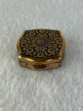 Vintage Stratton Enamel Pill Box Made In Black with Multi color Flowers